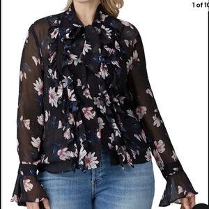 Badgley Mischka Button Up Blouse Women's Sz L Ruffled Sheer Unlined Black Floral